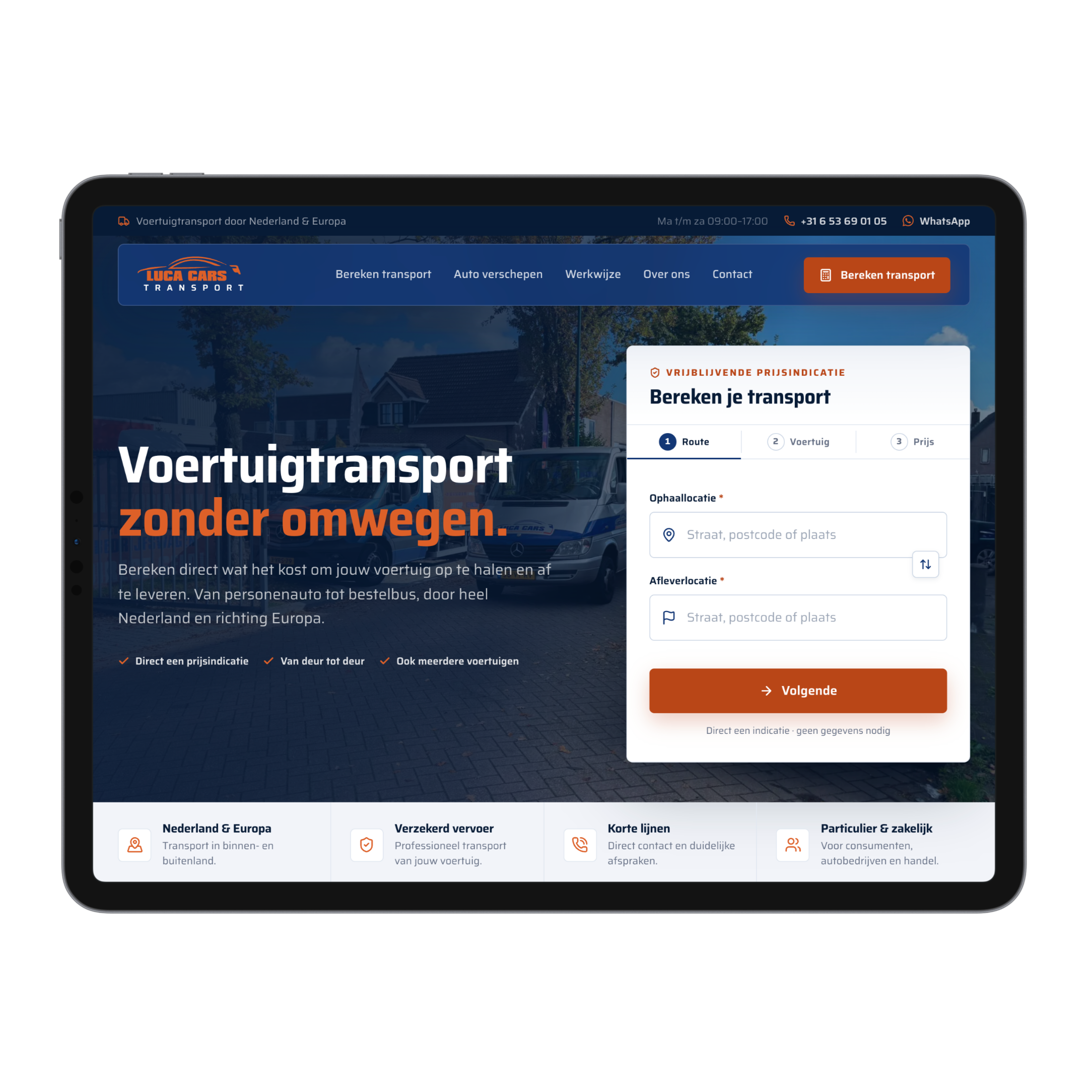 Website van Luca Cars Transport met de calculator voor voertuigtransport